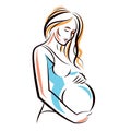 Vector hand-drawn illustration of pregnant elegant woman expecting baby, sketch.