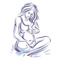 Vector hand-drawn illustration of pregnant elegant woman expecting baby. Royalty Free Stock Photo