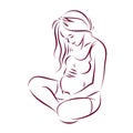 Vector hand-drawn illustration of pregnant elegant woman expecting baby, sketch. Royalty Free Stock Photo