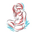 Vector hand-drawn illustration of pregnant elegant woman expecting baby, sketch. Love and fondle theme