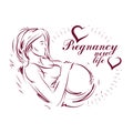 Vector hand-drawn illustration of pregnant elegant woman expecting baby, sketch.