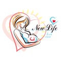 Vector hand-drawn illustration of pregnant elegant woman expecting baby, sketch.