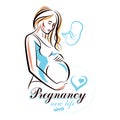 Vector hand-drawn illustration of pregnant elegant woman expecting baby, sketch. Pregnancy support and mother care advertising