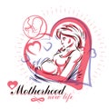 Vector hand-drawn illustration of pregnant elegant woman expecting baby, sketch.