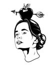Vector hand drawn illustration of pretty girl and apple with arrow. Royalty Free Stock Photo