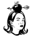 Vector hand drawn illustration of pretty girl with apple with arrow.