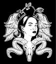 Vector hand drawn illustration of pretty girl with wings, apple with aeeow, ram skull.