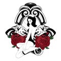 Vector hand drawn illustration of pretty girls with flowers and guns in knee socks and swimsuit isolated