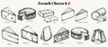 Vector hand drawn illustration of roquefort, brie, goat, morbier, comte, grana padano, valencay, blue cheese with mold .