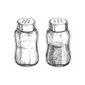 Vector hand-drawn illustration of salt and pepper shakers isolated on white. Sketch of glass jars with spices in engraving style Royalty Free Stock Photo
