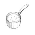 Vector hand-drawn illustration of a saucepan with boiling sauce. Sketch of the cooking process
