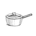 Vector hand-drawn illustration of a saucepan covered with a lid. Sketch details of kitchen utensils