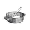 Vector hand-drawn illustration of saucepan with piece of butter isolated on white. Process of cooking in engraving style