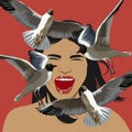 Vector hand drawn illustration of screaming girl with seagulls isolated.