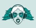 Vector hand drawn illustration of singing girl in headphones.