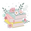 Vector hand drawn illustration - a stack of books and flowers in gentle colors Royalty Free Stock Photo