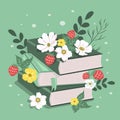 Vector hand drawn illustration - a stack of books and flowers and strawberries in green colors Royalty Free Stock Photo