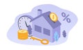 Vector hand drawn illustration on the theme of mortgage, banking services. house, clock, coins, key.