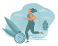 Vector hand drawn illustration on the theme of running, morning run. young woman runs through the city.