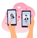 vector hand drawn illustration on the topic of online dating. a guy and a girl on the screens of smartphones.
