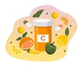 Vector hand drawn illustration on the topic of vitamins, dietary supplements. Vitamin C and foods that contain it