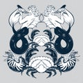 Vector hand drawn illustration of triton , mollusk Nautilus, crab