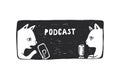 Vector hand-drawn illustration with two funny cats with microphones. Cute cartoon characters leading podcast
