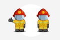 Vector hand drawn illustration. Two Isolated character firefighter in protective suit stands and raises his finger up. Royalty Free Stock Photo