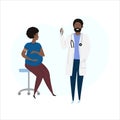 Vector hand drawn illustration. Vaccination immunity cartoon pregnant african-american or latino woman and black or