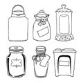 Vector hand drawn illustration with vintage different jars for grits products set: sugar, salt, coffee, buckwheat