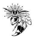 Vector hand drawn illustration of wasp in crown isolated . Creative tattoo artwork. Royalty Free Stock Photo