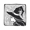 Vector hand-drawn illustration of witch in linocut style. Stamp with Halloween symbol Royalty Free Stock Photo