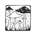 Vector hand-drawn illustration of witch mushrooms in linocut style. Stamp with Halloween symbol Royalty Free Stock Photo