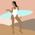 Vector hand drawn illustration of woman holding surf .