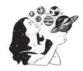 Vector hand drawn illustration of women`s head with planets