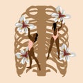 Vector  hand drawn illustration of women in swimsuits with flowers and human rib cge . Royalty Free Stock Photo