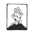 Vector hand-drawn illustration with the zombie hand bursting out of the grave. Stamp with Halloween symbol Royalty Free Stock Photo