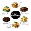 Set of hand drawn watercolor vector illustrations of turkish dessert Baklava Royalty Free Stock Photo