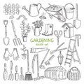 Vector hand drawn illustrations of gardening. Different doodle elements set for garden work