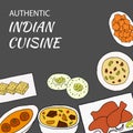 Vector hand drawn of indian cuisine poster with curry, sesame barfi, malai kofta, navratan korma, pakora, rasmalai, chicken