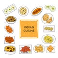 Vector hand drawn of indian cuisine set with aloo gobi, biryani, curry, malai kofta, naan, navratan, pakora, rasmalai. Design