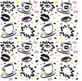 Vector hand drawn ink seamless pattern with woman eye, closed eyes and coffee cup with lipstick. Black, purple and yellow Royalty Free Stock Photo