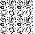 Vector hand drawn ink seamless pattern with woman eye, closed eyes and coffee cup with lipstick. Black and white design for prints Royalty Free Stock Photo