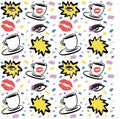 Vector hand drawn ink seamless pattern with woman eye, closed eyes and coffee cup with lipstick. Colorful design for prints Royalty Free Stock Photo