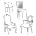 Vector hand-drawn isolated black and white armchairs and chairs