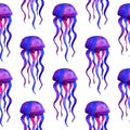 Vector Hand drawn jellyfish. Watercolor pattern. Colorful endless Violet and blue. Medusa wallpaper. can be used for