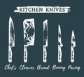 Vector hand drawn kitchen,chefs knives set.Butchers tools illustration.Sketches collection for butchery, restaurant etc.