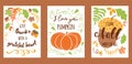 Cartoon vector hand drawn autumn Happy Thanksgiving Day cards. Vertical banners design templates set Royalty Free Stock Photo