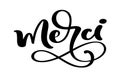 Vector hand drawn lettering Merci. Elegant modern handwritten calligraphy with thankful quote on French. Thank you Ink