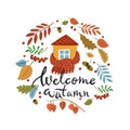 Vector hand drawn lettering Welcome autumn with house, scarf, leaves, rowan, acorns for print, decor, textiles. Welcome Royalty Free Stock Photo